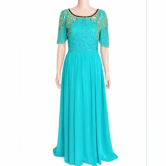 VIRGOS LOUNGE Reina Embelished Teal Maxi Dress with Gold Detailing NWT US  10 - coffeafoods.com